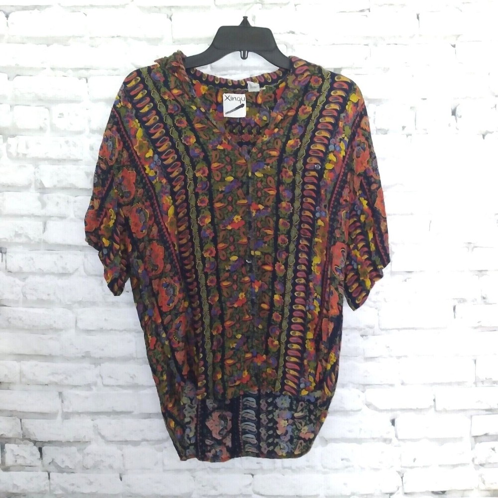 Xinqu Button Up Shirt Womens XS Floral Boxy Oversize Rayon Abstract 90's